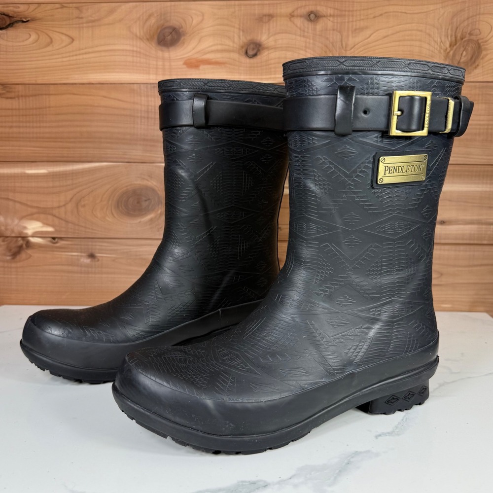 Pendleton Black Geometric Pattern‎ Rubber Rain Boots Women's Size 6